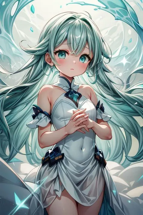 (aqua and white theme:1.3), best quality,Epic,highly detail,Illustration,Cover,enigmatic figure,draped in translucent fabric,crystals adorning hair,dreamlike swirl,pastel hues,soft light,evoking calm serenity and elusive beauty,Non-representational,colors ...