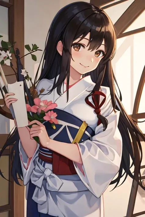 best quality, masterpiece, highres, solo, {yukata:1.40}, {kimono:1.20}, {akagi_kantaicollection:1.15}, long_hair, brown_hair, brown_eyes, muneate, tasuki, smile