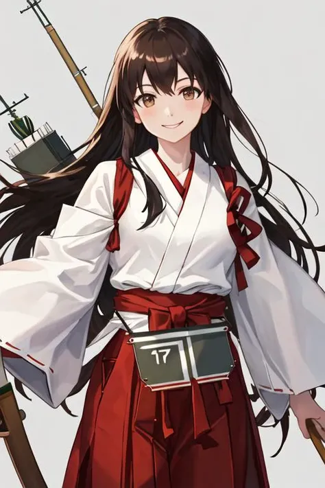 best quality, masterpiece, highres, solo, {white kimono:1.35}, {red hakama:1.35}, {wide sleeves:1.20}, {akagi_kantaicollection:1.15}, long_hair, brown_hair, brown_eyes, muneate, tasuki, smile