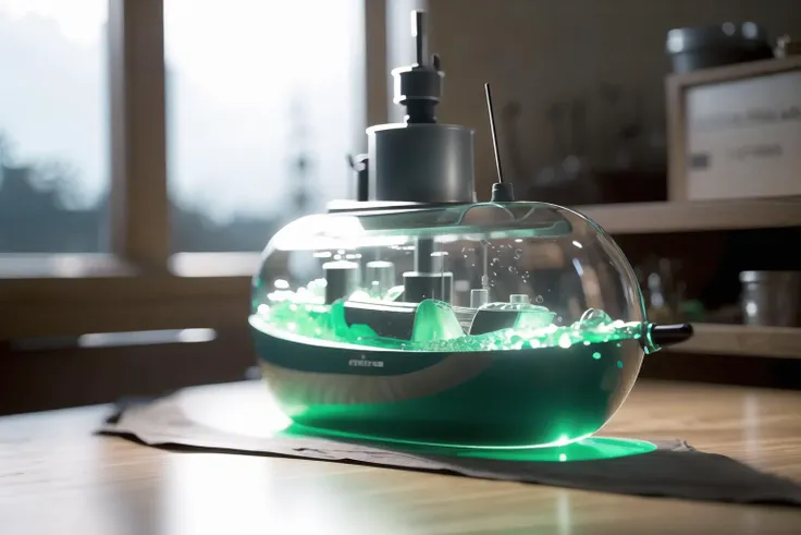 there is a green liquid in a glass container on a table