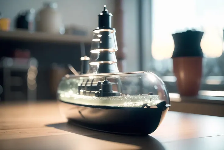 there is a small boat in a glass vase on a table