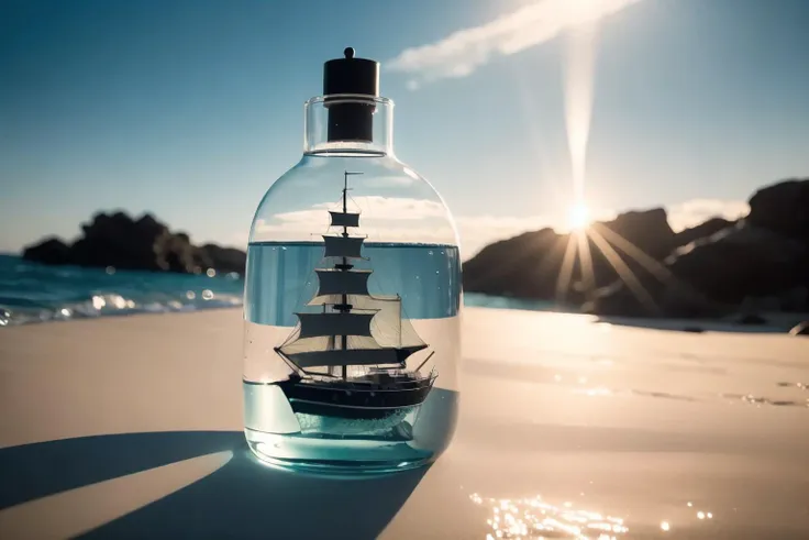 there is a bottle with a ship inside of it on the beach