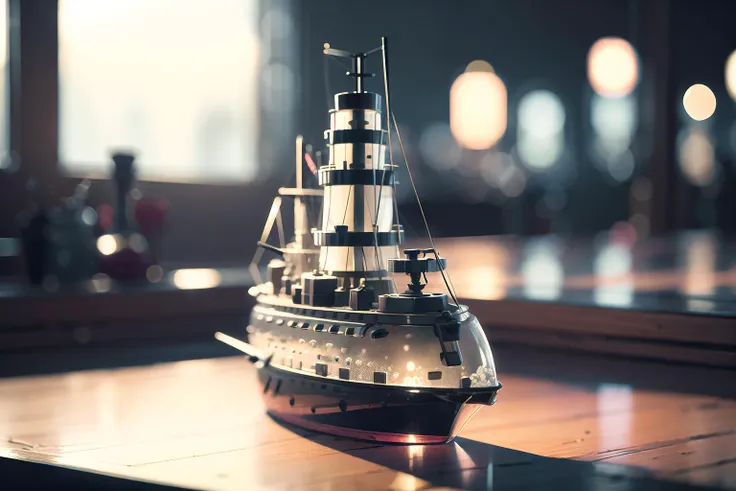 there is a model of a boat on a table in a room