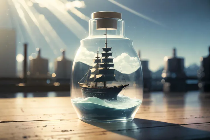 there is a small ship in a bottle on a table