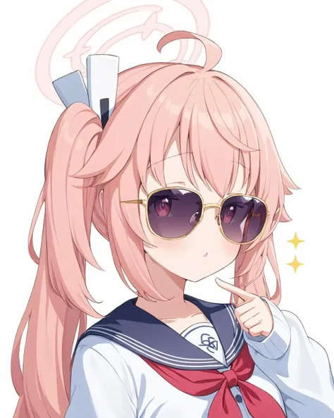 anime girl with pink hair and sunglasses pointing at her finger