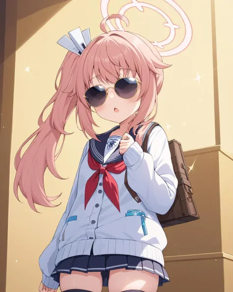 anime girl with pink hair and sunglasses standing in front of a building