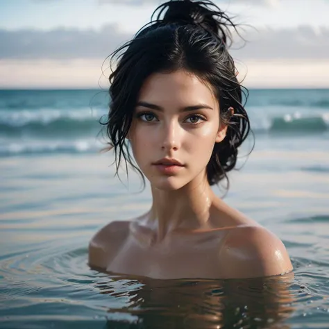 cinematic photo of cinematic photo of girl with black hair and brown eyes, standing partially submerged in the ocean on a beach ...