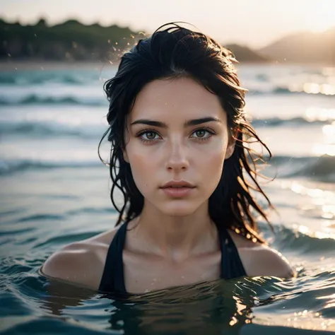 cinematic photo of cinematic photo of girl with black hair and brown eyes, standing partially submerged in the ocean on a beach ...