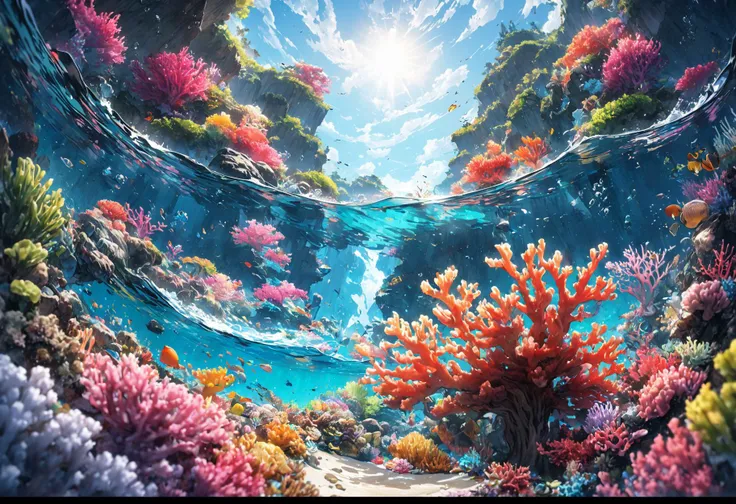 a close up of a coral reef with a sun shining through the water