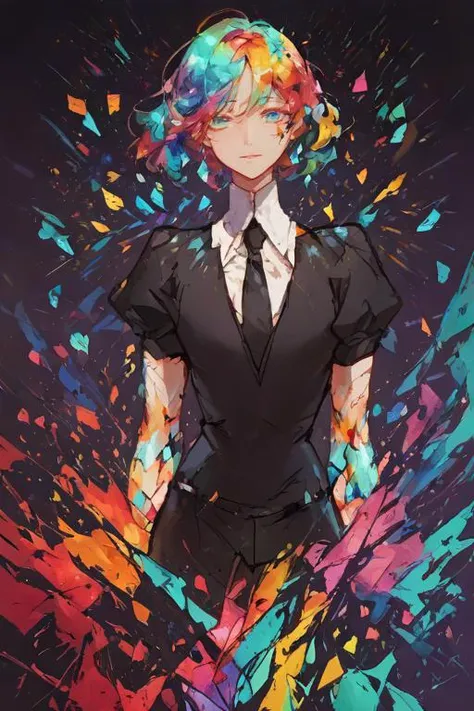 a woman in a suit and tie with colorful paint splatters