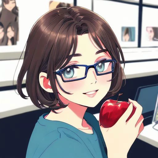 anime image of a woman holding an apple in front of a computer