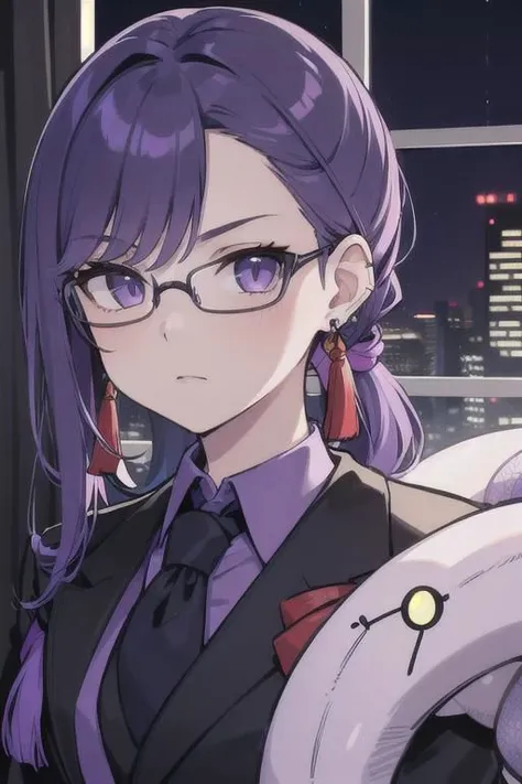 anime girl with purple hair and glasses holding a white cat