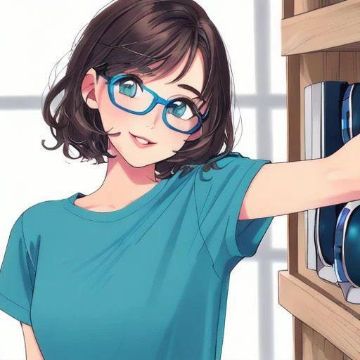 anime girl in glasses looking at a book shelf with a clock