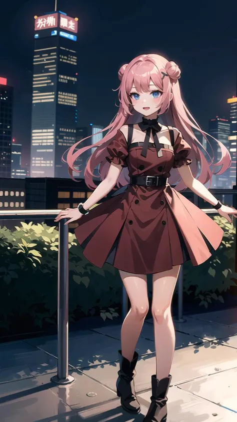 a girl in a dress and boots standing on a balcony with a city in the background and lights on, Du Qiong, holography, anime art, a manga drawing