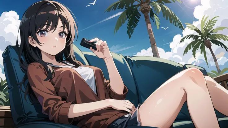 a girl sitting on a couch with a remote in her hand and a pillow behind her, with a palm tree in the background, Chizuko Yoshida, sots art, official art, a detailed drawing