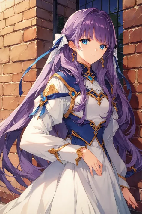 a woman in a white dress and purple hair standing in front of a brick wall