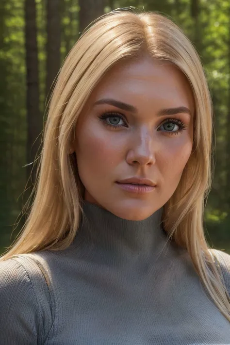 closeup headshot of S114_AllieDunn, a stylish woman, in a (forest:1.2), wearing a (turtleneck:1.2), (sunset:1.1), (8k, RAW photo, best quality, depth of field, ultra high res:1.2), (absurdres, intricate, photorealistic, masterpiece, ultra-detailed, Unreal ...