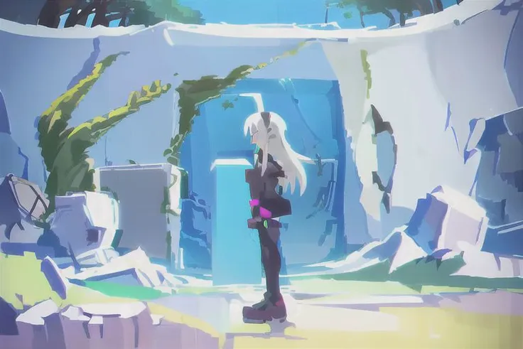 anime - style scene of a woman standing in a ruined room