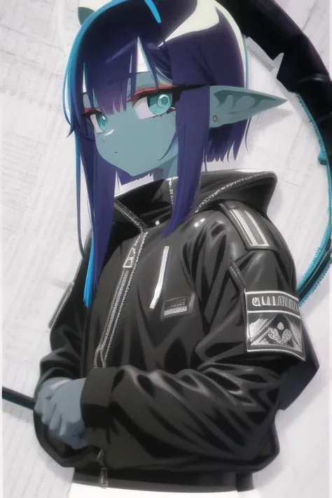 anime character with blue hair and black jacket holding a black and blue object