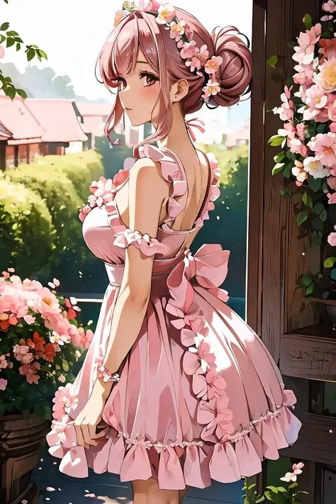 anime girl in pink dress standing in front of a flower covered building