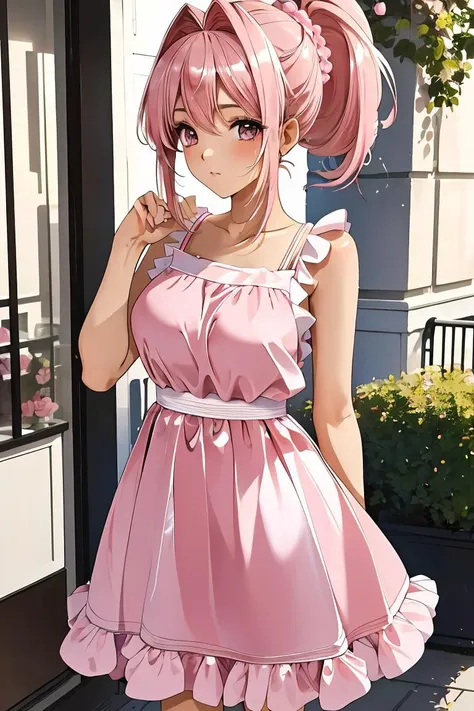 anime girl in pink dress standing outside of a building