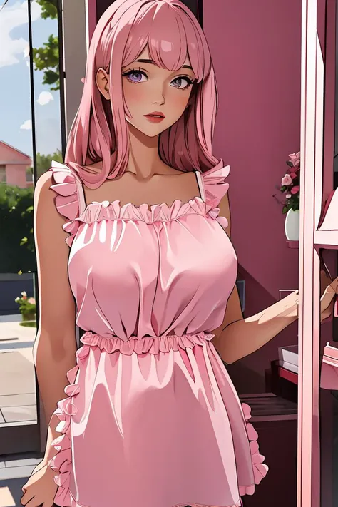 anime girl in pink dress standing in front of a window