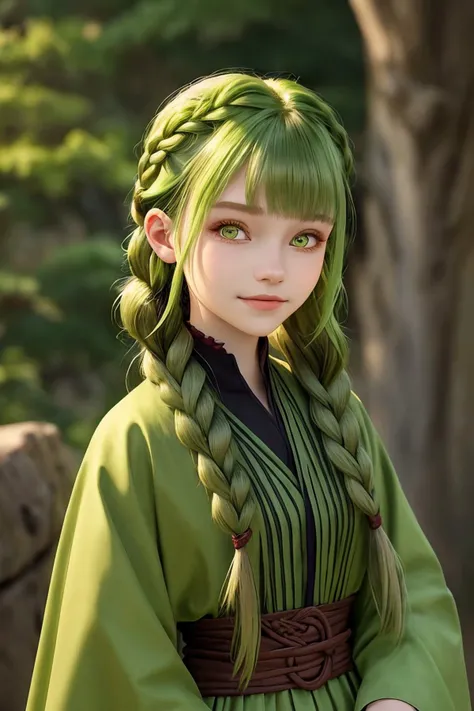 portrait photo of AlexandraLenarchyk <lora:AlexandraLenarchyk_v1:.9>, focus on smiling face, wearing a mage robe , her linden green color hair is styled as french braided bangs,