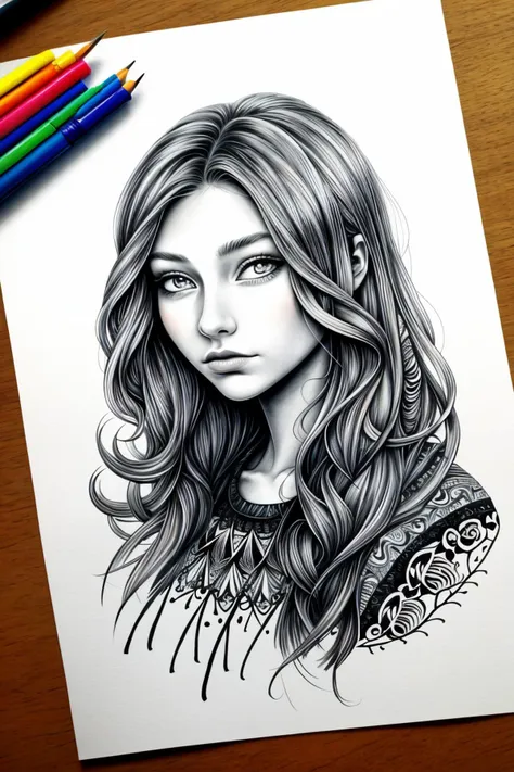 a drawing of a woman with long hair and a black and white background