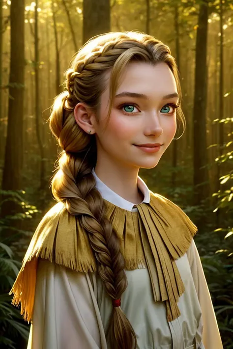 a close up of a young girl with long hair in a forest