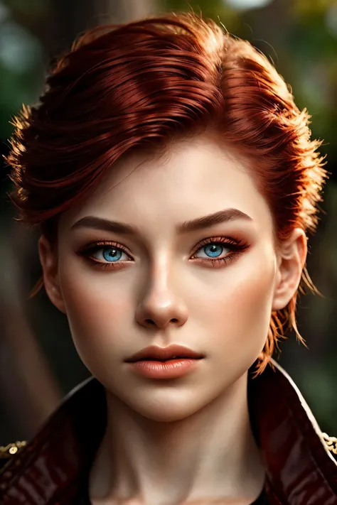 a close up of a woman with red hair and blue eyes