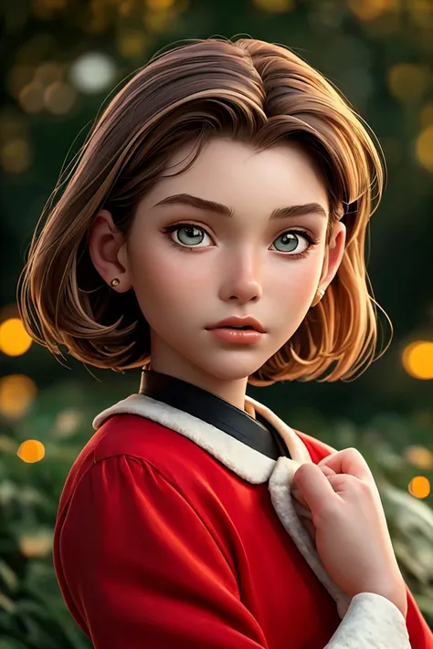 a close up of a young girl with a red sweater and a white collared shirt