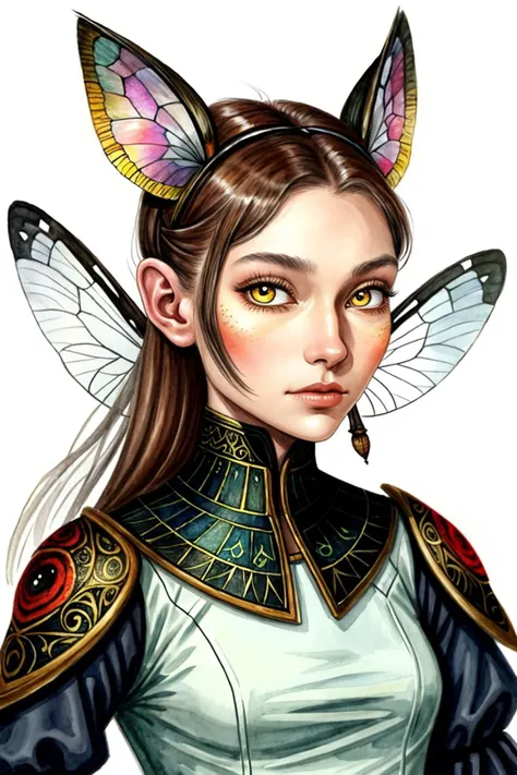 an extremely detailed, intricate watercolor painting of <lora:AlexandraLenarchyk_v1:.9> AlexandraLenarchyk with ant antenna on her head, she has multifaceted eyes, she has insect wings for ears