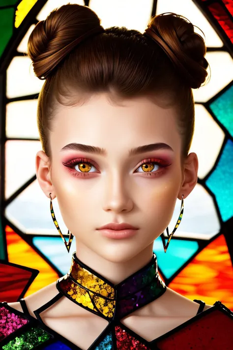 (stained glass style, vibrant, fragmented, light effects, highly detailed:1.2) <lora:AlexandraLenarchyk_v1:.9> AlexandraLenarchyk, focus on eyes, close up on face, pouting, hair styled Curly Side Bun
