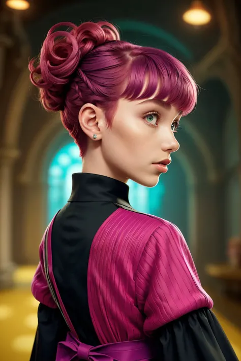 (pop surrealistic, dreamlike, pop culture elements, vibrant, detailed:1.2) upper body <lora:AlexandraLenarchyk_v1:.9> AlexandraLenarchyk, focus on face, from behind wearing a cassock , her cerise color hair is styled as Curly Pixie Cut,