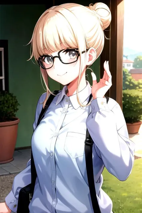 <lora:NoaFukushima-04:0.8>, kawaiimunichan, looking at viewer, smile, shirt, closed mouth, sidelocks, glasses, collared shirt, hair bun, tree, portrait, round eyewear