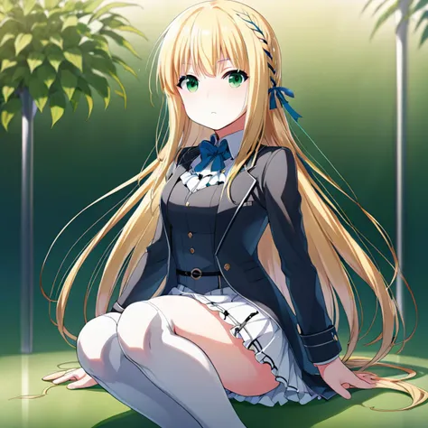 anime girl sitting on the ground with long blonde hair