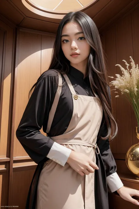 a woman in a black and beige dress standing next to a vase