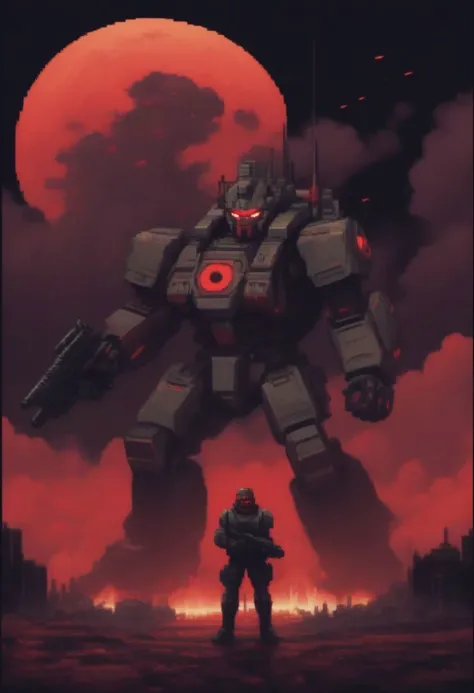 a man standing in front of a giant robot in a red sky