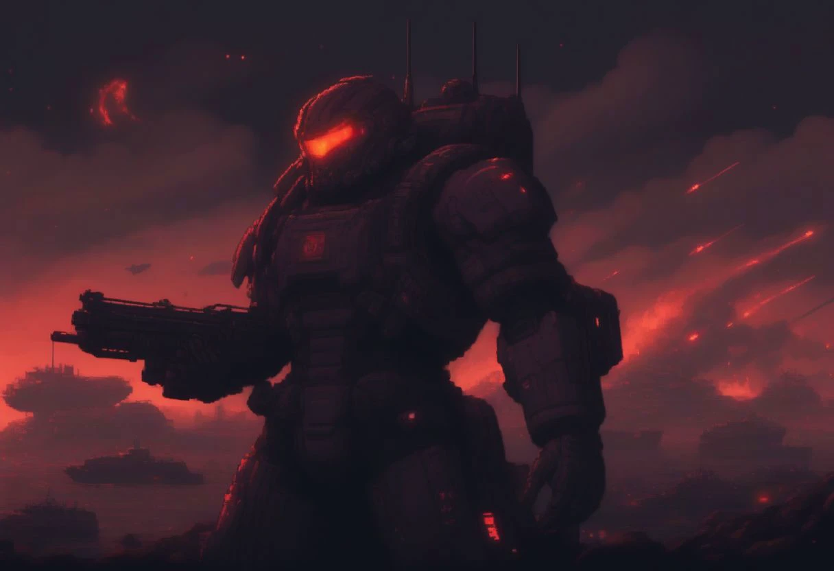 a man in armor holding a gun in front of a sunset