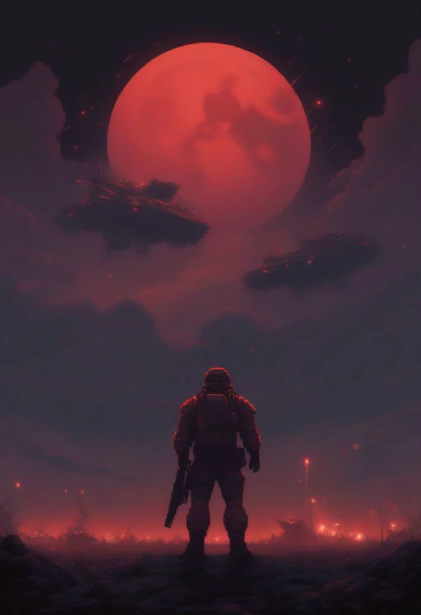 a man standing in front of a red moon with a gun