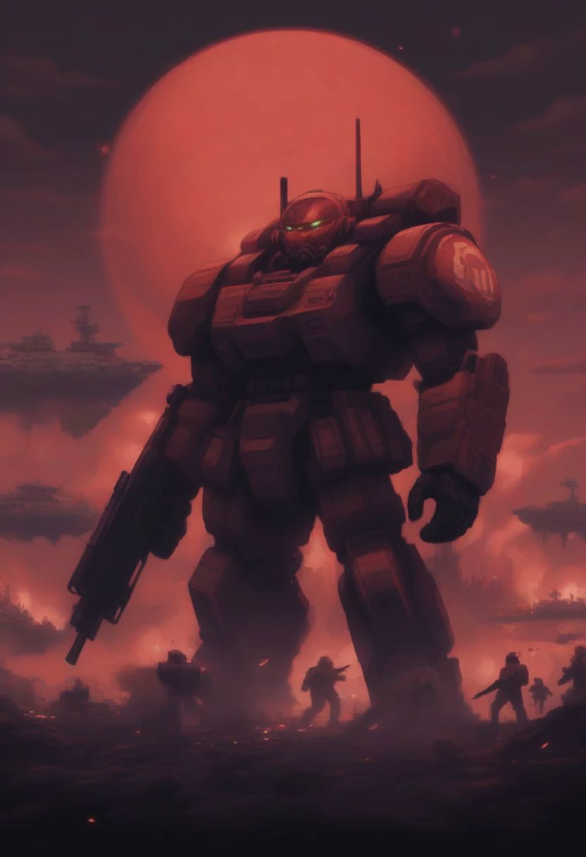 a large robot standing in front of a sunset with a sky background