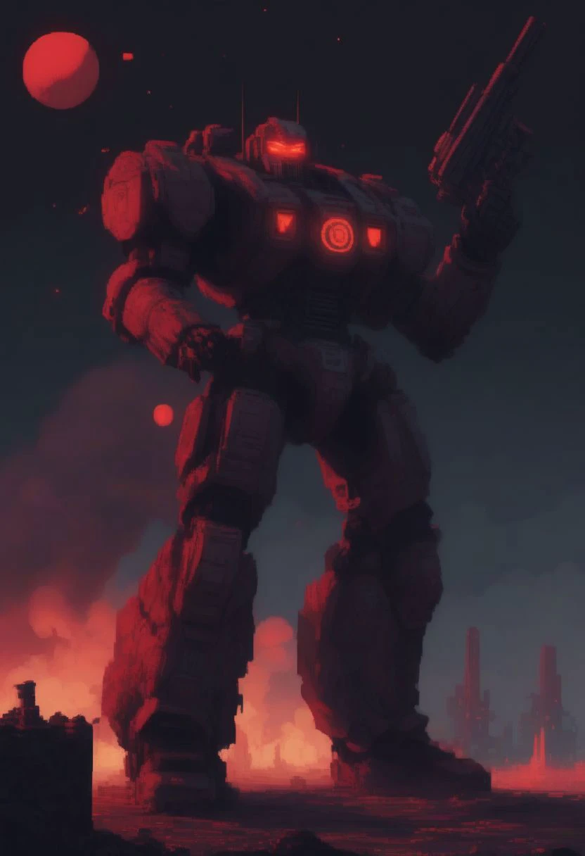 a giant robot standing in front of a city at night