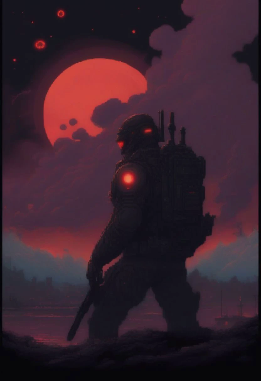 a man with a gun standing in front of a full moon