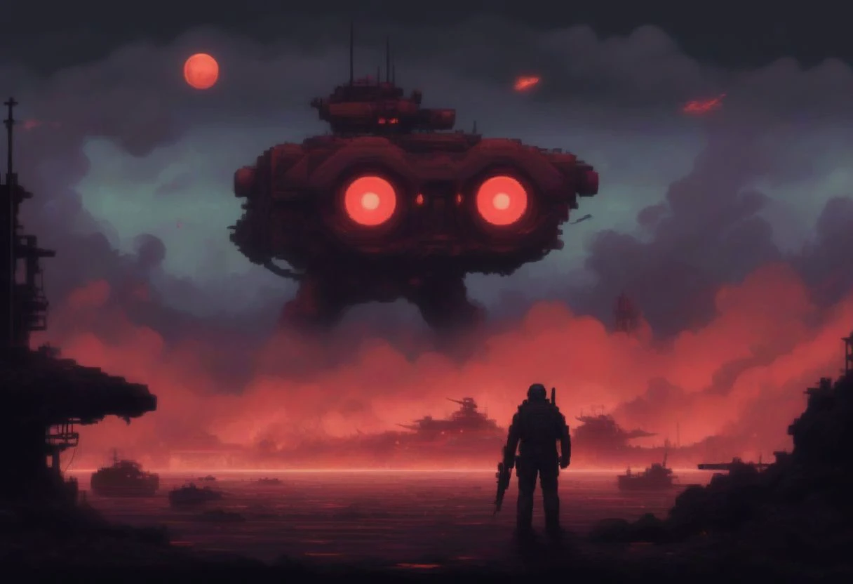 a man standing in front of a giant robot in a dark sky