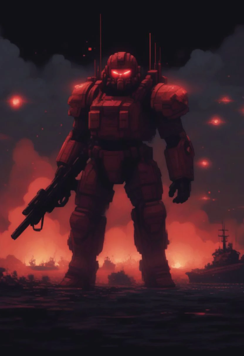 a red robot standing in front of a dark sky with a gun