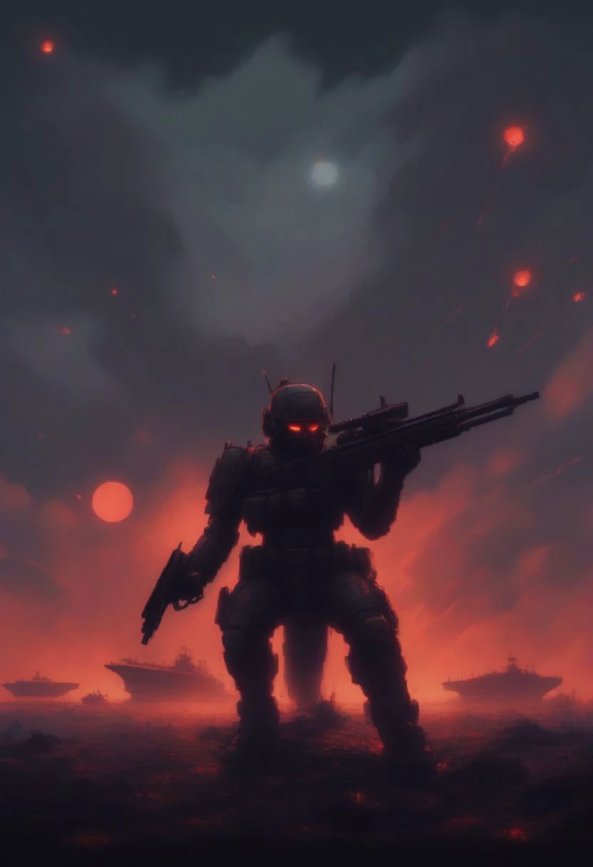 a man with a gun standing in front of a sunset