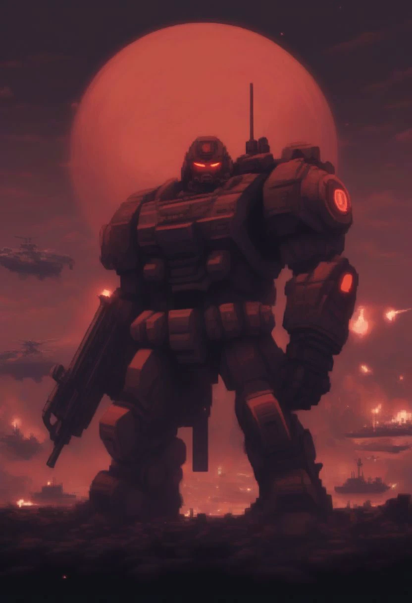 a large robot standing in front of a sunset with a sky background