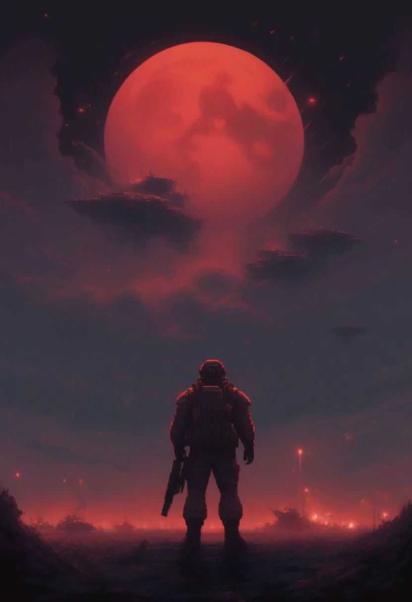 a man standing in front of a red moon with a gun