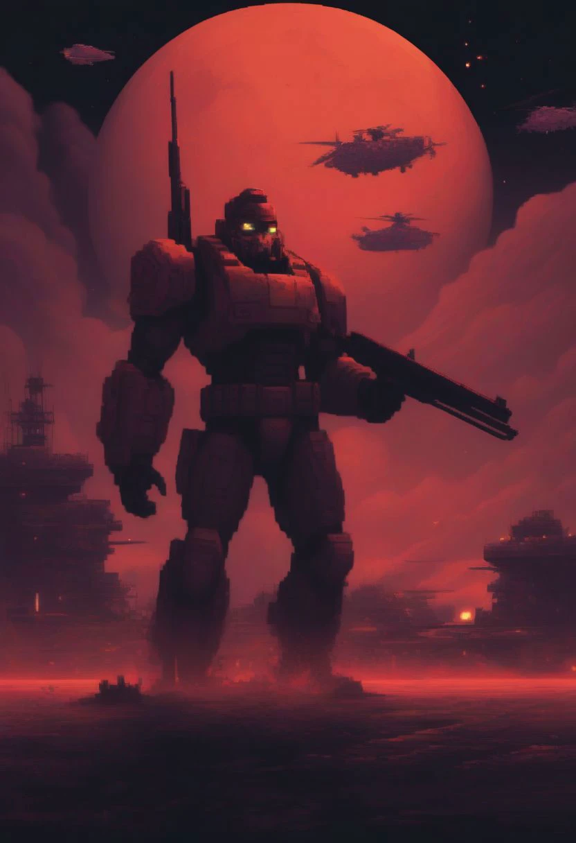 a man with a gun standing in front of a giant robot