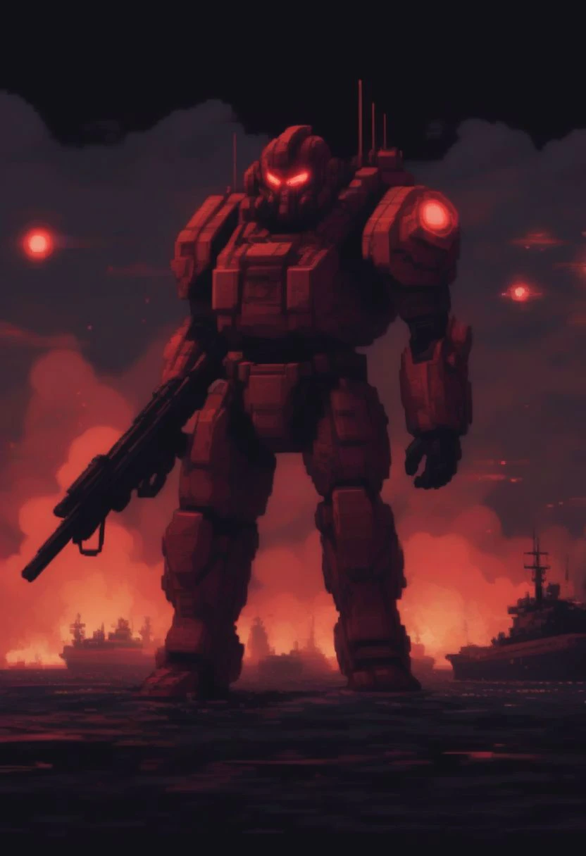 a red robot standing in front of a dark sky with a gun